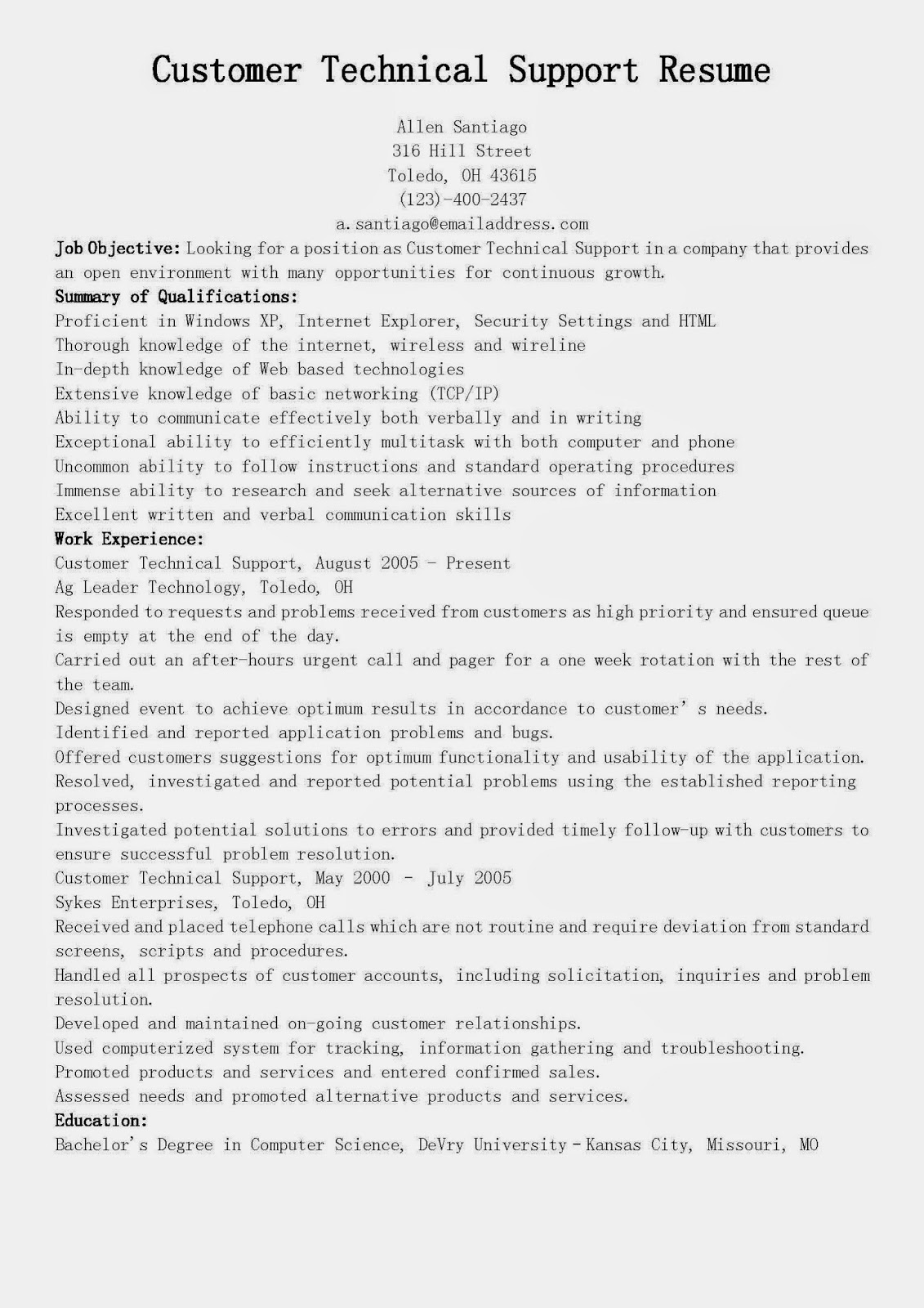 Sample resume for call center technical support